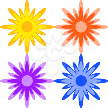 A set of yellow, red, purple. Blue abstract flowers on a white background.