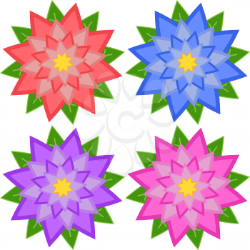 Set of four flowers of blue, red, purple, pink, isolated on white background. Suitable for design.