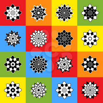 A set of sixteen abstract black and white flowers on colored squares