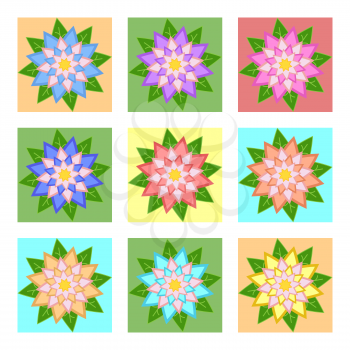 A set of beautiful colorful flowers on blue, yellow, green, orange squares. Isolated on white background. Nine options. Suitable for design.