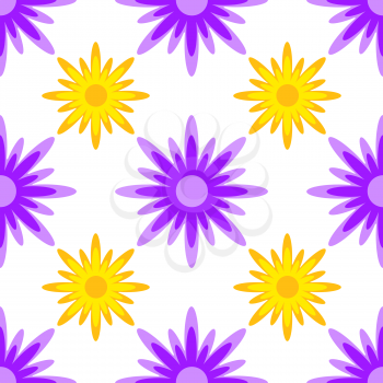 Seamless pattern of yellow and purple abstract snowflakes on a white background