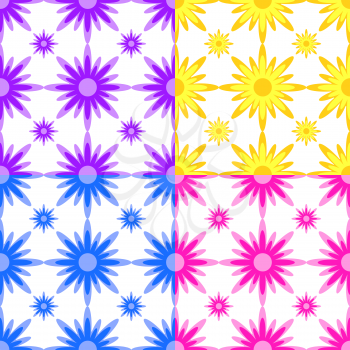 Set of seamless patterns of yellow, purple, blue, pink abstract silhouettes on a white background