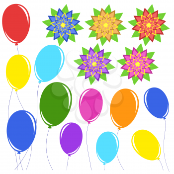 Set of flat colored isolated balloons on ropes and abstract flowers.