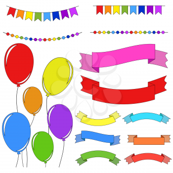 Set of flat colored isolated balloons on ropes. Garlands and ribbons banners