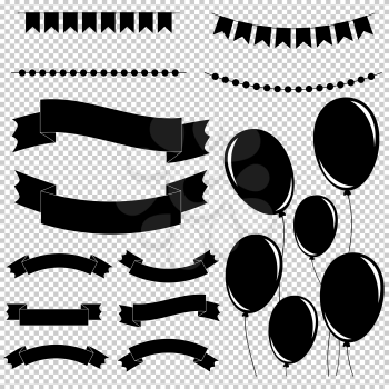 Set of flat black isolated silhouettes of balloons on ropes and garlands of flags. A set of banner ribbons of different shapes