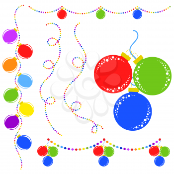 Set of flat colored isolated Christmas toys on a rope. Decoration balls are red, blue, green in a bunch. Multicolored garlands.