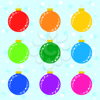 Set of flat colored isolated Christmas tree toys. Decoration balls are red, orange, yellow, green, blue, purple, pink.
