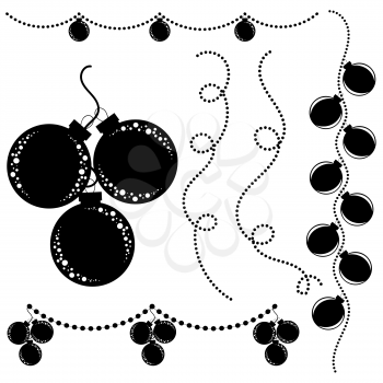 Set of flat silhouettes of black and white isolated Christmas toys. Decoration glass balls. Garlands.