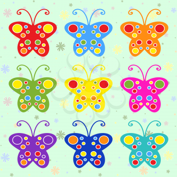 Set of colored flat isolated butterflies. Abstract and bright flyers.