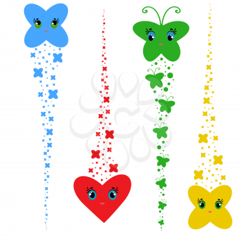 Set of colored cartoons. A flock of abstract flat butterflies, hearts, stars flying one after another.