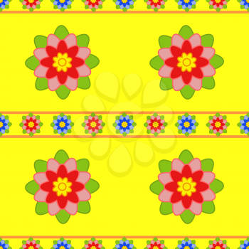 Seamless pattern of small and large red flowers with green leaves on a yellow background