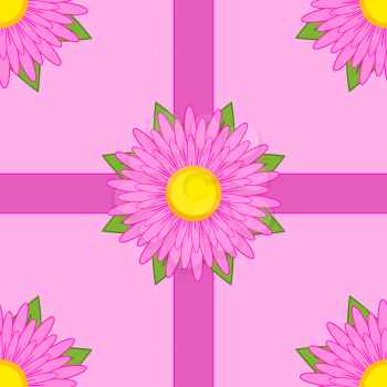 Seamless pattern of pink flowers with ribbons