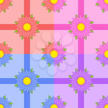 Set of seamless patterns of red, pink, blue, purple flowers with ribbons