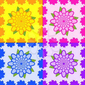 Set of seamless patterns from yellow, pink, blue, purple flowers with green leaves