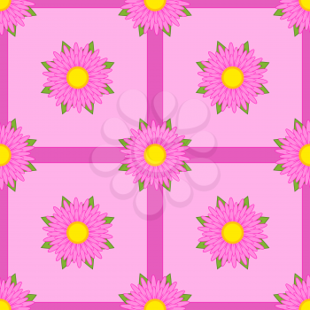 Seamless pattern of pink flowers with green leaves and ribbons on a light background