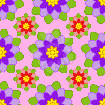 Seamless pattern of purple and red flowers with green leaves on a pink background