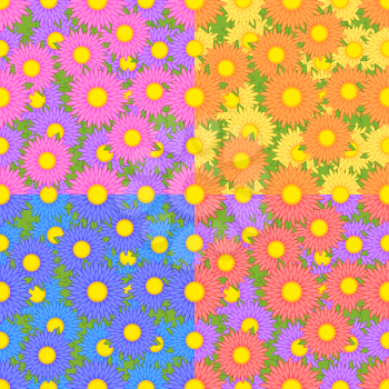 A set of seamless patterns from asters of different colors yellow, pink, blue, orange, purple