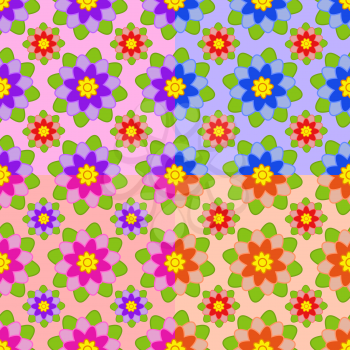 Set of seamless patterns from flowers of different colors pink, blue, orange, purple with green leaves