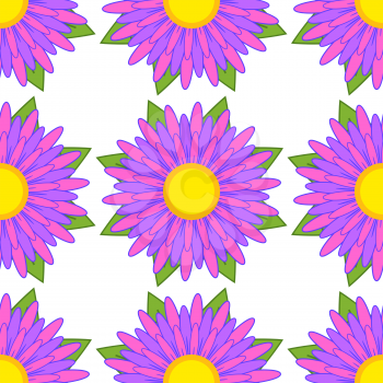 Seamless pattern of striped asters of purple with green leaves on a white background