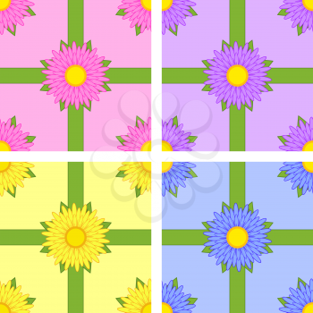 Set of Seamless pattern of flower varieties Aster pink, yellow, blue, purple with green ribbons on color background