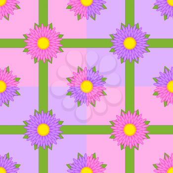 Seamless pattern from squares with asters of pink and purple flowers with green ribbons on a colored background
