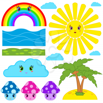 Set of isolated colored cartoon figurines of mushrooms, sun, clouds, rainbow, palm, grass, sand for design and decoration