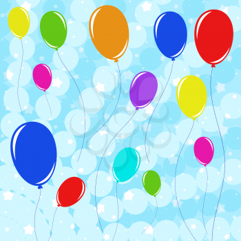 Set of beautiful colored balloons with ropes flying against the blue sky with stars