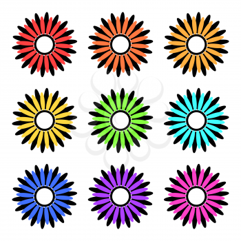Set of nine abstract flowers with black and colored petals