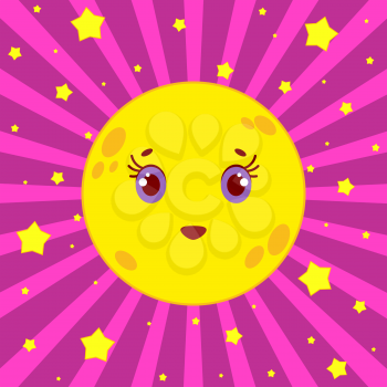 Cartoon yellow moon smiling on a pink striped background with stars.