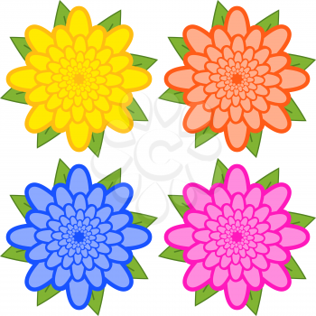 Set of yellow, orange, blue, pink flowers on a white background.