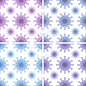 Set of seamless patterns of pink, light blue, blue, purple snowflakes on white background.