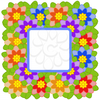 A square frame of orange, purple, blue flowers with green leaves on a white background.