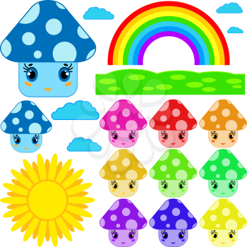 The set of cartoon mushrooms of different colors