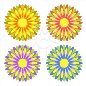 Set of flat isolated colored yellow, red, purple, blue abstract flowers with green leaves on a white background. Simple design for decoration