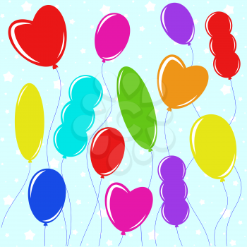 Set of flat colored isolated balloons on the clothesline. Simple drawing on a blue background