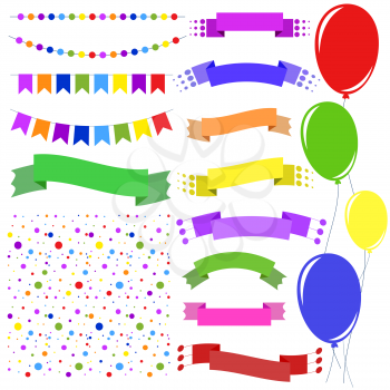 Set of flat colored insulated garlands, confetti, ribbons of banners and balloons on ropes on a white background. Suitable for design.