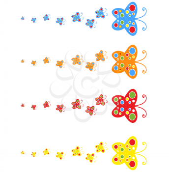 A flock of flat colored isolated butterflies flying one after another. Four color options in the set.