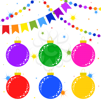Flat colored set of isolated Christmas toys in the form of balls and garlands . Simple design for processing.