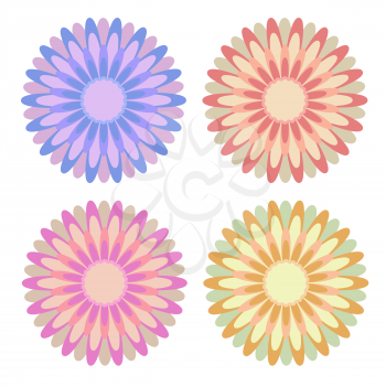 Set of flat isolated colored yellow, red, pink, blue abstract flowers on a white background. Simple design for decoration