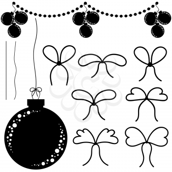 A set of flat black isolated silhouettes of Christmas toys in the form of balls, garlands and small bows. Simple design for processing.