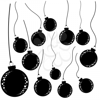 Set of Christmas balls falling down on the ropes. Flat black isolated silhouettes.