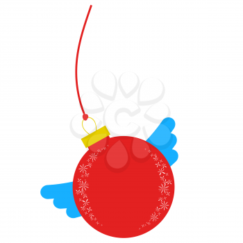 Flat insulated red ball with wings. Simple drawing Christmas decorations on white background