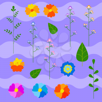 Set of flat colored cute flowers and plants on a striped purple background