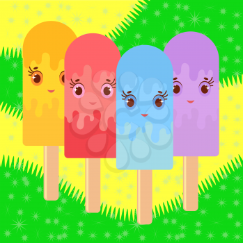Set of flat colored isolated cartoon ice-cream, drizzled with orange glaze, pink, blue, purple. On wooden sticks. Illustration on an abstract yellow-green background with spots.