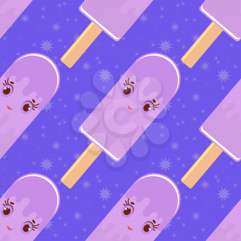Seamless pattern of smiling cartoon purple Popsicles on wooden sticks. watered colored glaze. On a blue background.