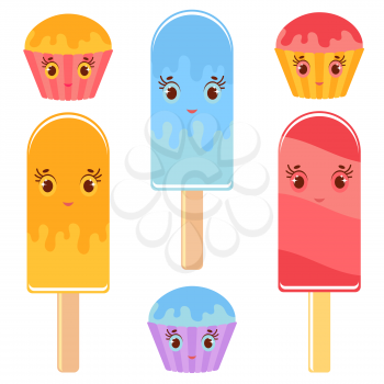Set of flat colored isolated cartoon cakes drizzled a glaze of orange, red, blue. The striped baskets. Set of cute ice-cream on a wooden stick. Illustration on white background