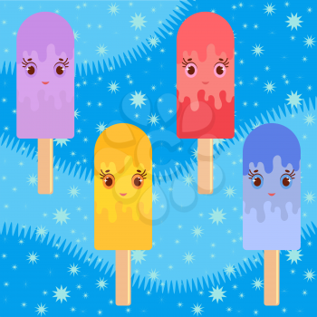 Set of flat colored isolated cartoon ice-cream, drizzled with glaze blue, purple, yellow, pink. On wooden sticks. Abstract frosty background