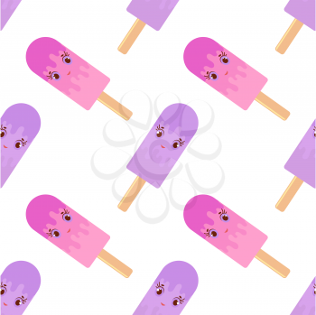Seamless pattern of flat cartoon smiling purple and pink Popsicles on wooden sticks. Watered colored glaze. On a white background.