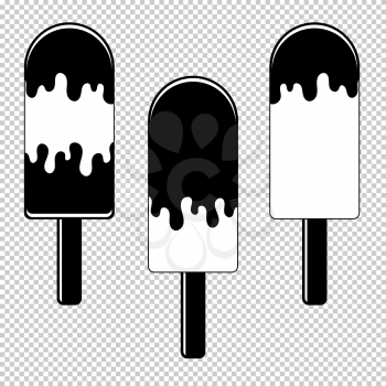 A set of flat black isolated silhouettes of ice-cream drizzled with glaze. On wooden sticks. On a transparent background. Drawing with a black outline