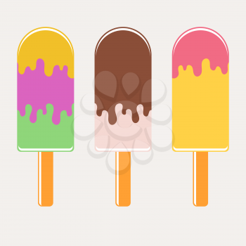 Set of flat colored insulated Popsicle drizzled with glaze. On wooden sticks. On a white background.